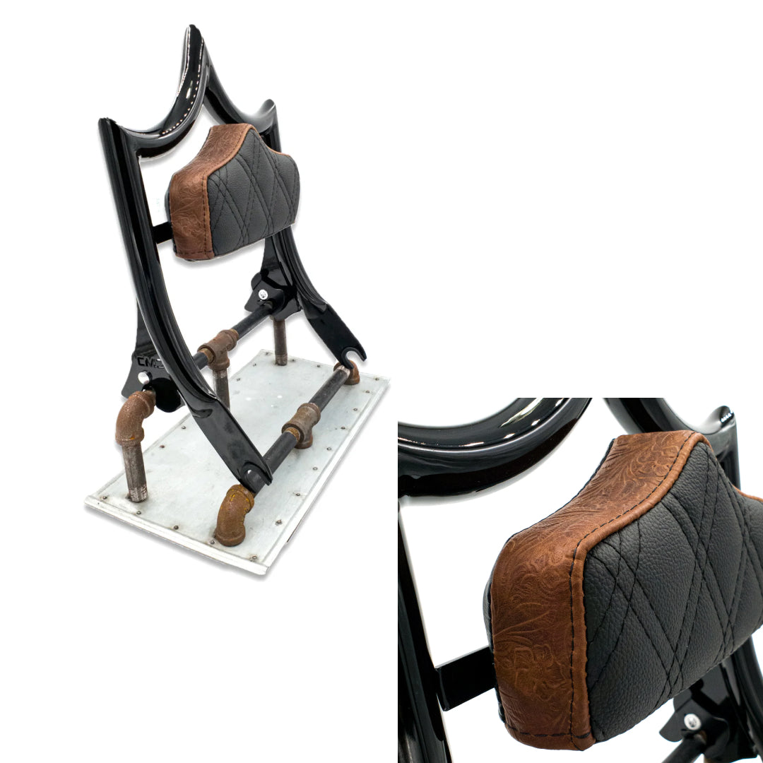 El Rey Backrest | 2009-2025 Touring "SHORTY" | Dealer | Gloss Black Revolver Engraved Brown Stitch 21 BUSINESS DAY LEAD TIME | CMC Motorsports