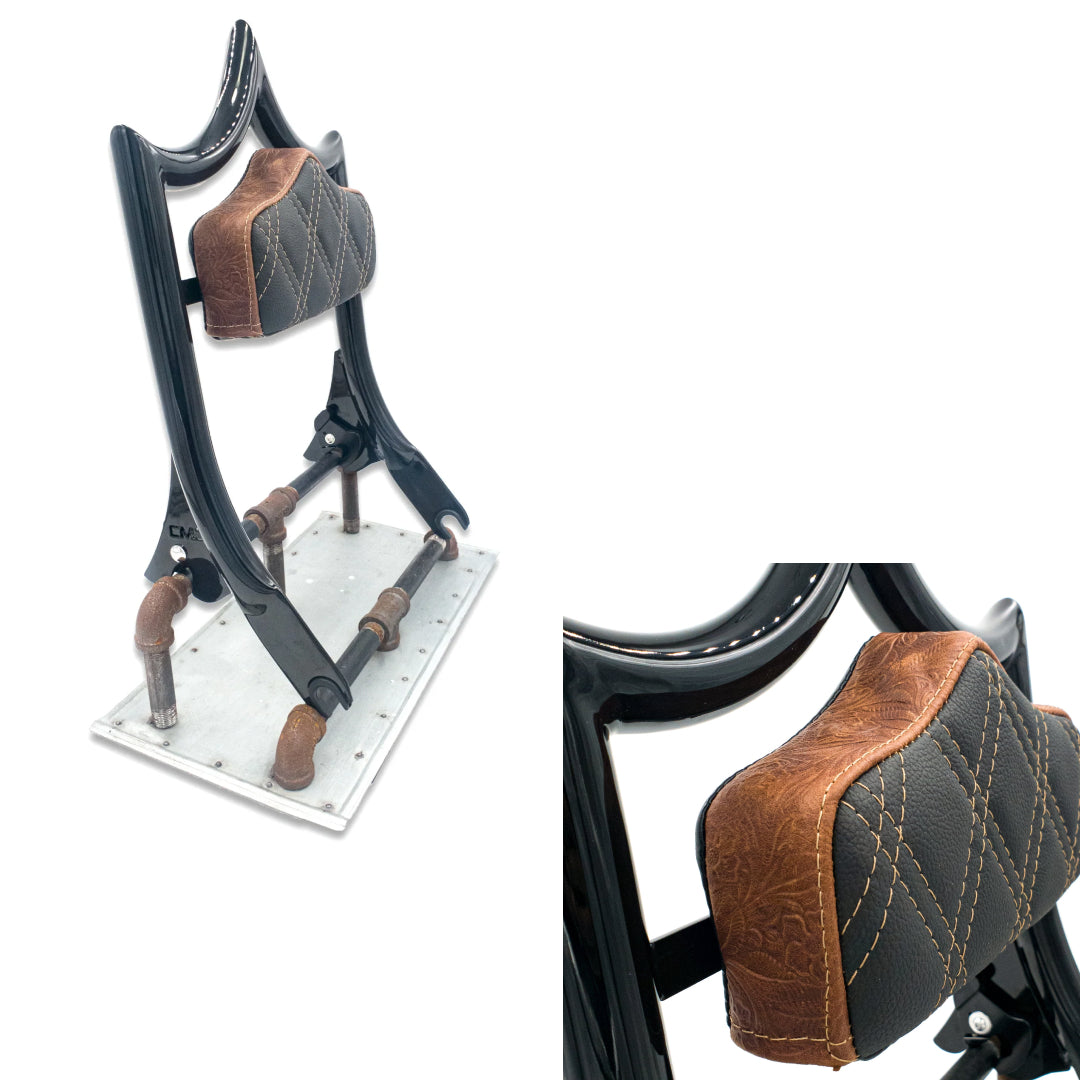 El Rey Backrest | 2009-2025 Dos Equis | Gloss Black Revolver Leather Brown Stitch 21 BUSINESS DAY PRODUCTION LEAD TIME | CMC Motorsports
