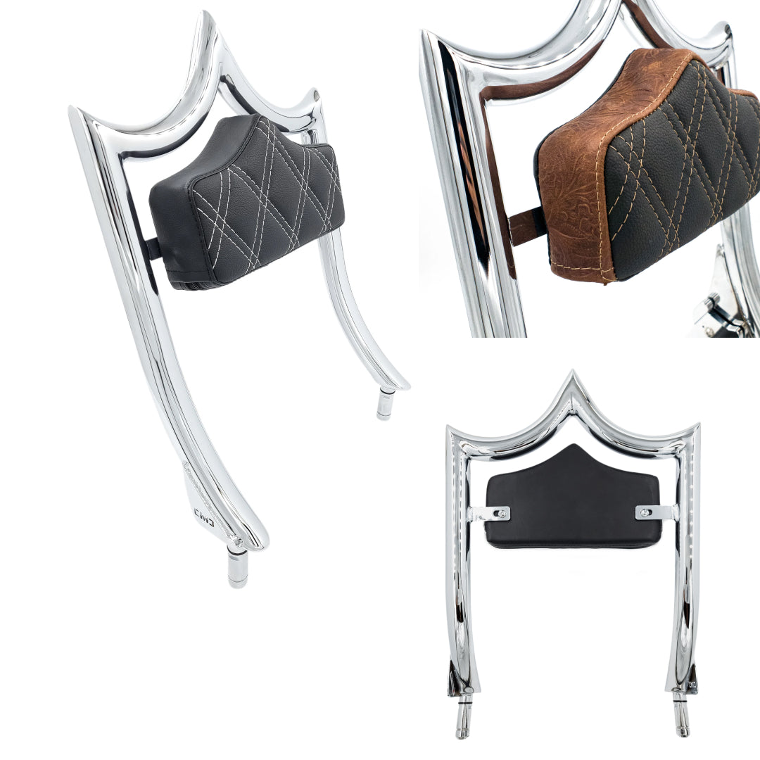 El Rey "TRIKE" Backrest | Show Chrome Revolver Engraved Brown Stitch 21 BUSINESS DAY PRODUCTION LEAD TIME | CMC Motorsports