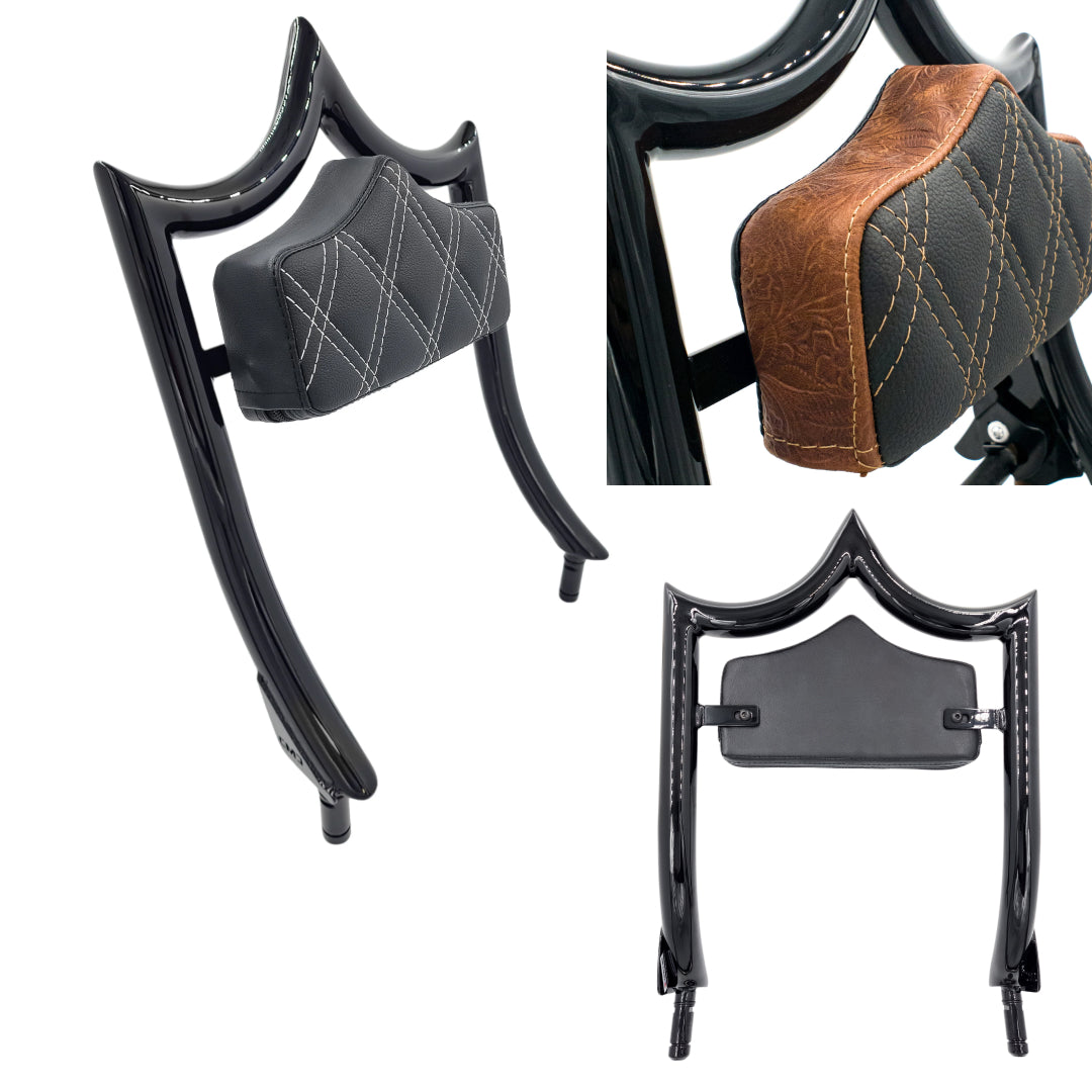 El Rey "TRIKE" Backrest | Gloss Black Revolver Engraved Brown Stitch 21 BUSINESS DAY PRODUCTION LEAD TIME | CMC Motorsports