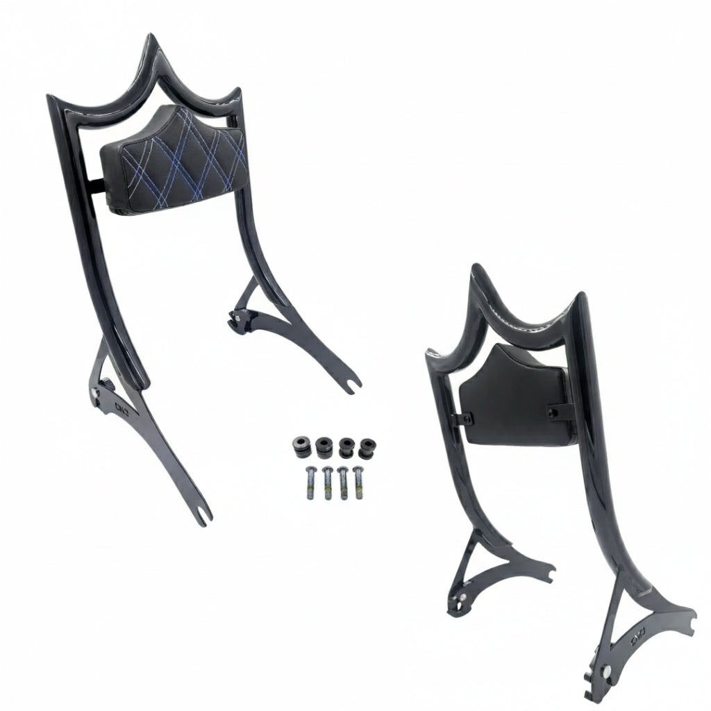 El Rey Backrest | Wide (Fat Boy & Breakout) | Gloss Black Blue Double Diamond | CMC Motorsports