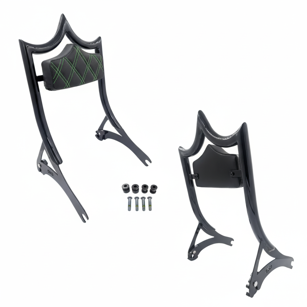 El Rey Backrest | Wide (Fat Boy & Breakout) | Gloss Black Green Double Diamond | CMC Motorsports