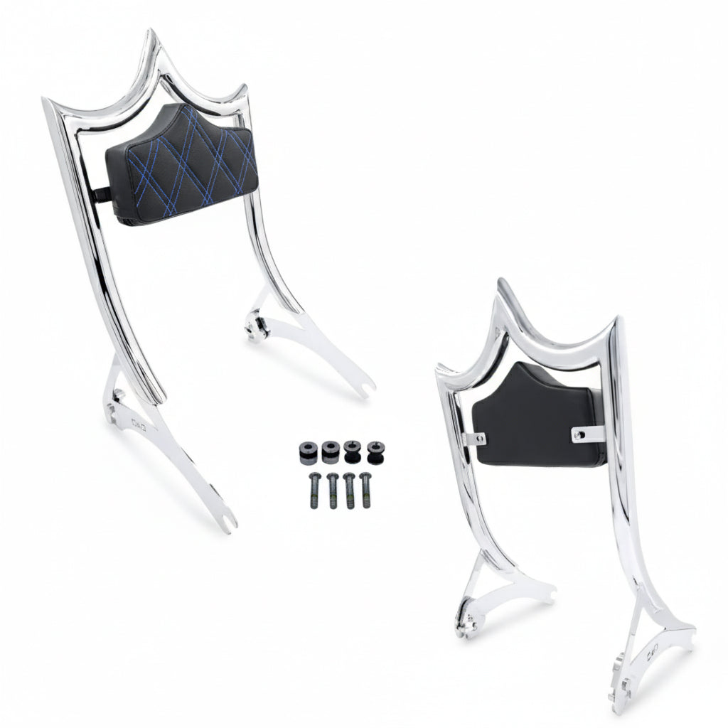 El Rey Backrest | Wide (Fat Boy & Breakout) | Show Chrome Blue Double Diamond | CMC Motorsports