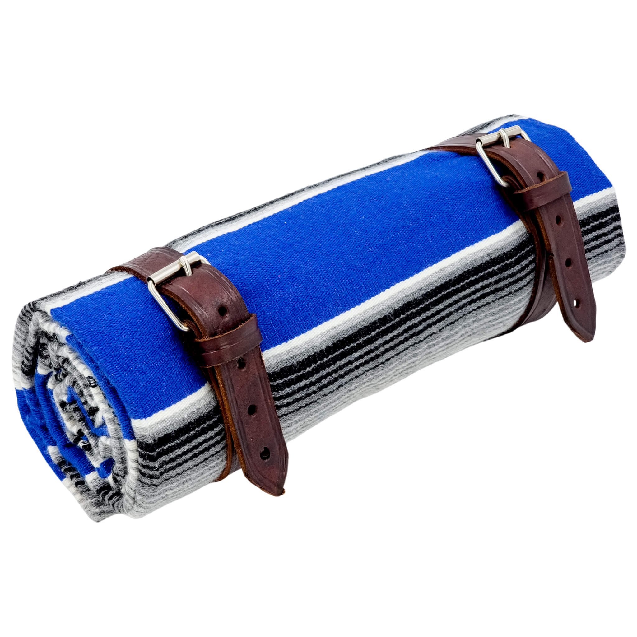 El Rey Serape Blanket Roll - Blue/Gray | Smooth Leather (Ox Blood) | CMC Motorsports