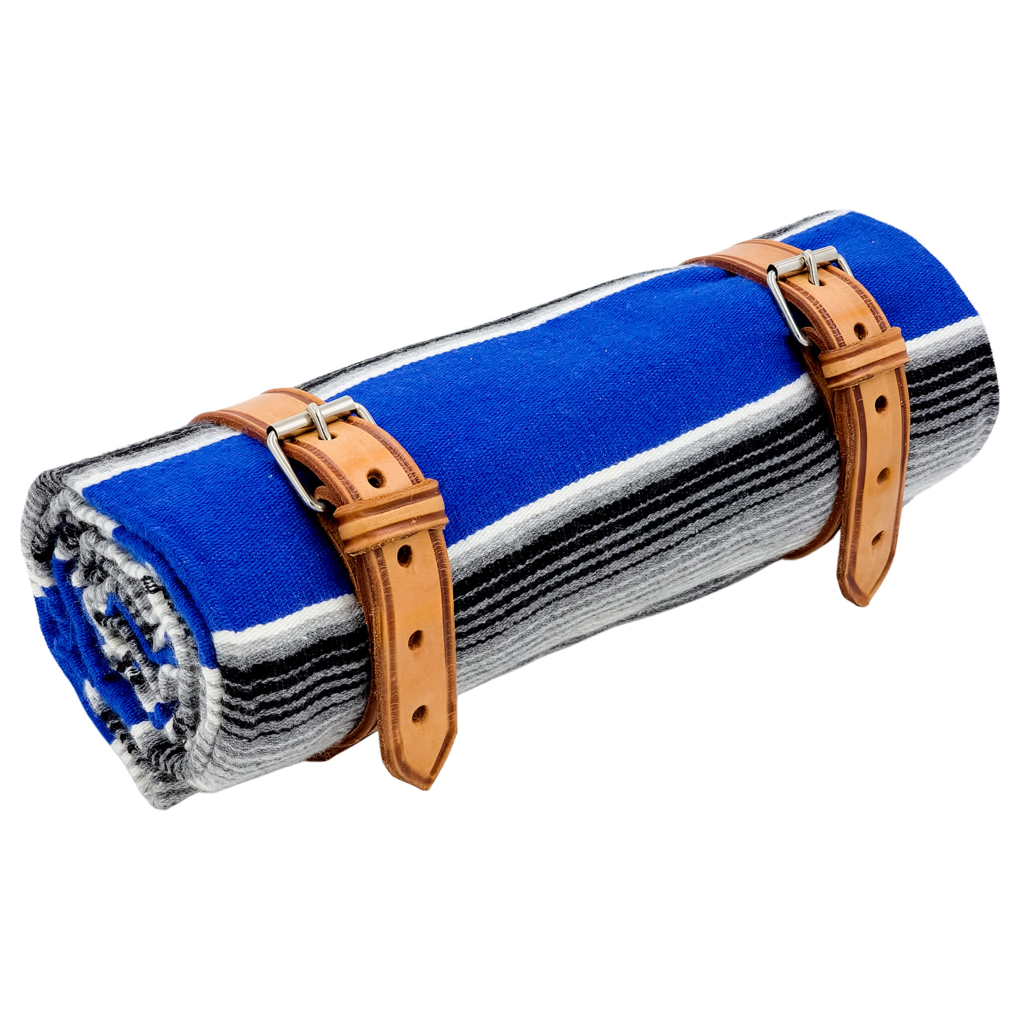 El Rey Serape Blanket Roll - Blue/Gray | Smooth Leather (Tan) | CMC Motorsports