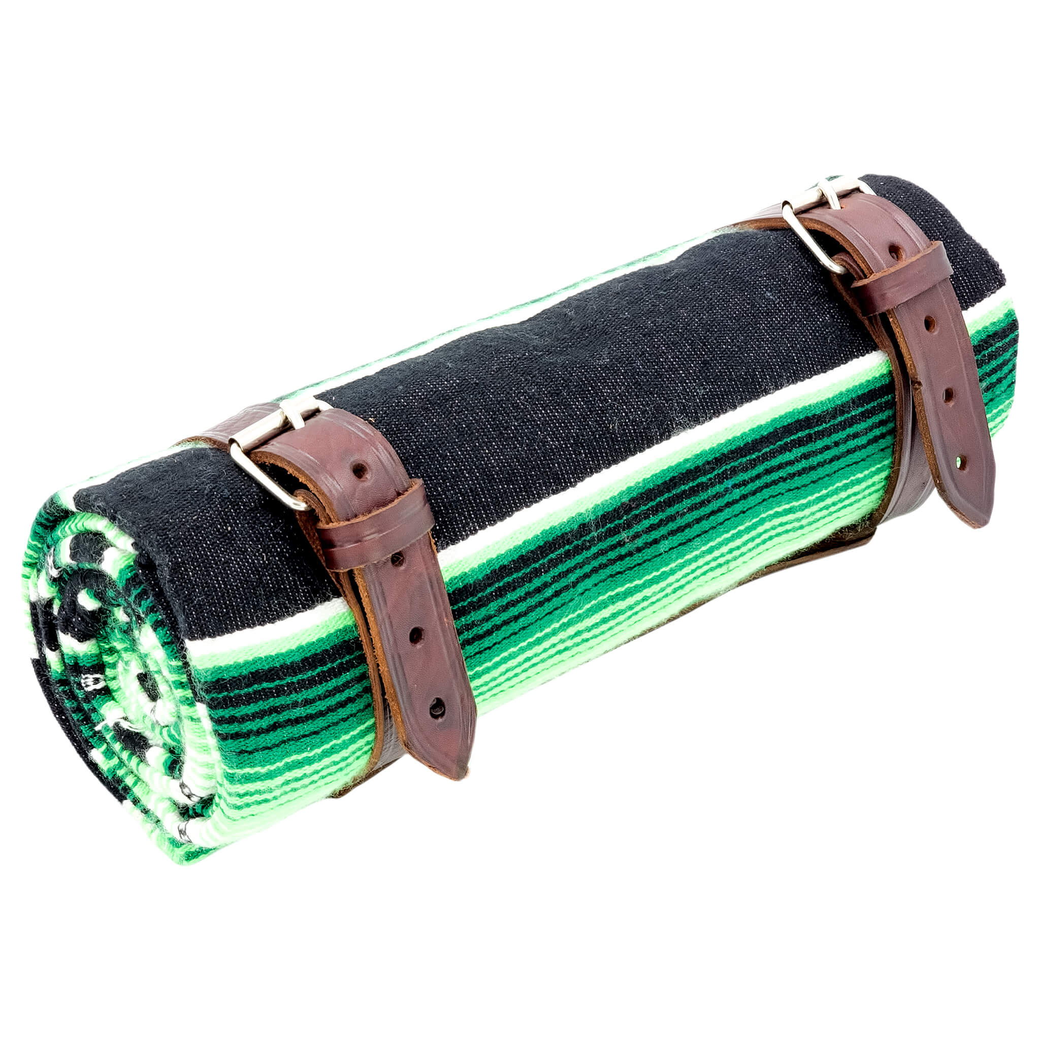 El Rey Serape Blanket Roll - Green | Smooth Leather (Ox Blood) | CMC Motorsports