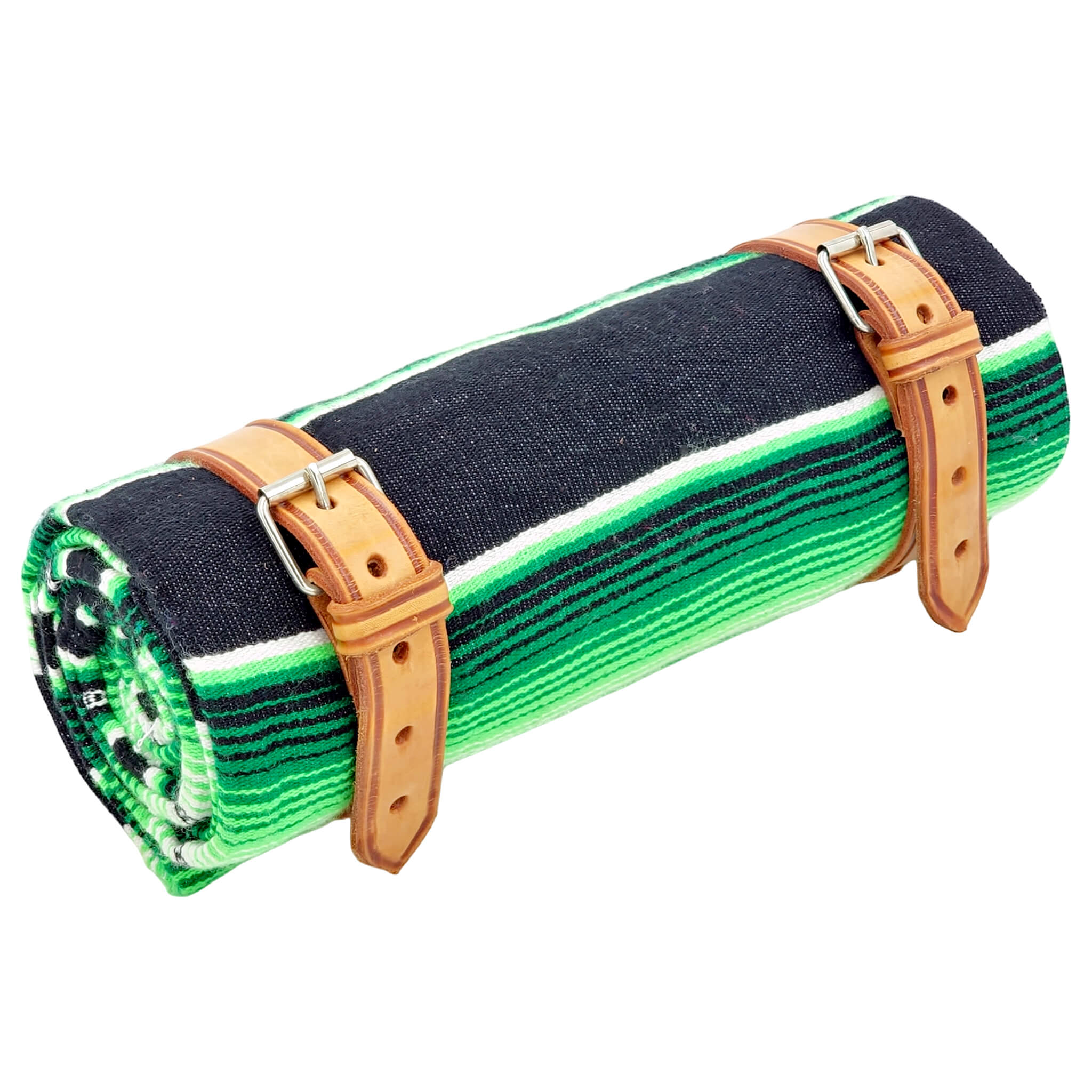 El Rey Serape Blanket Roll - Green | Smooth Leather (Tan) | CMC Motorsports
