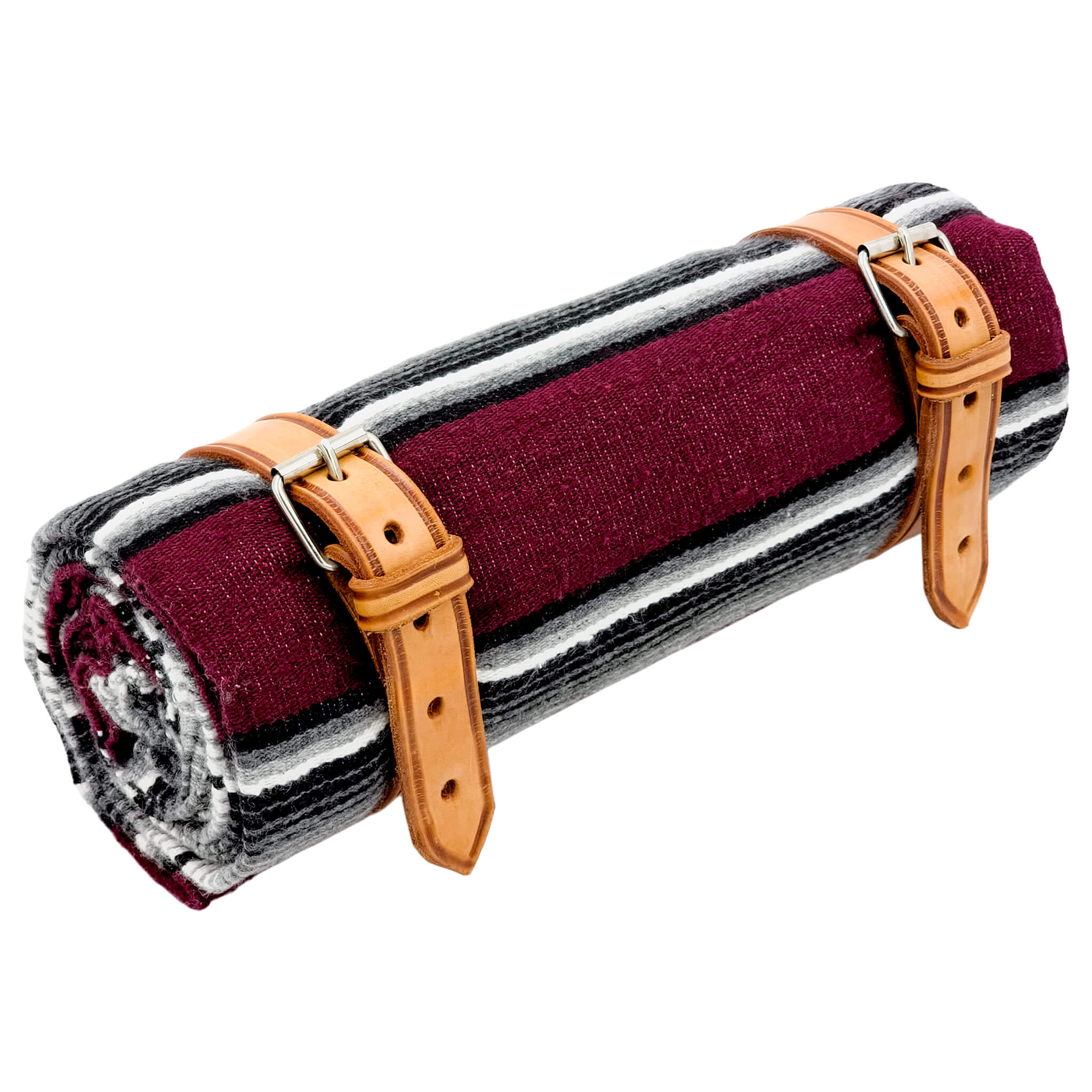 El Rey Serape Blanket Roll - Maroon | Smooth Leather (Tan) | CMC Motorsports