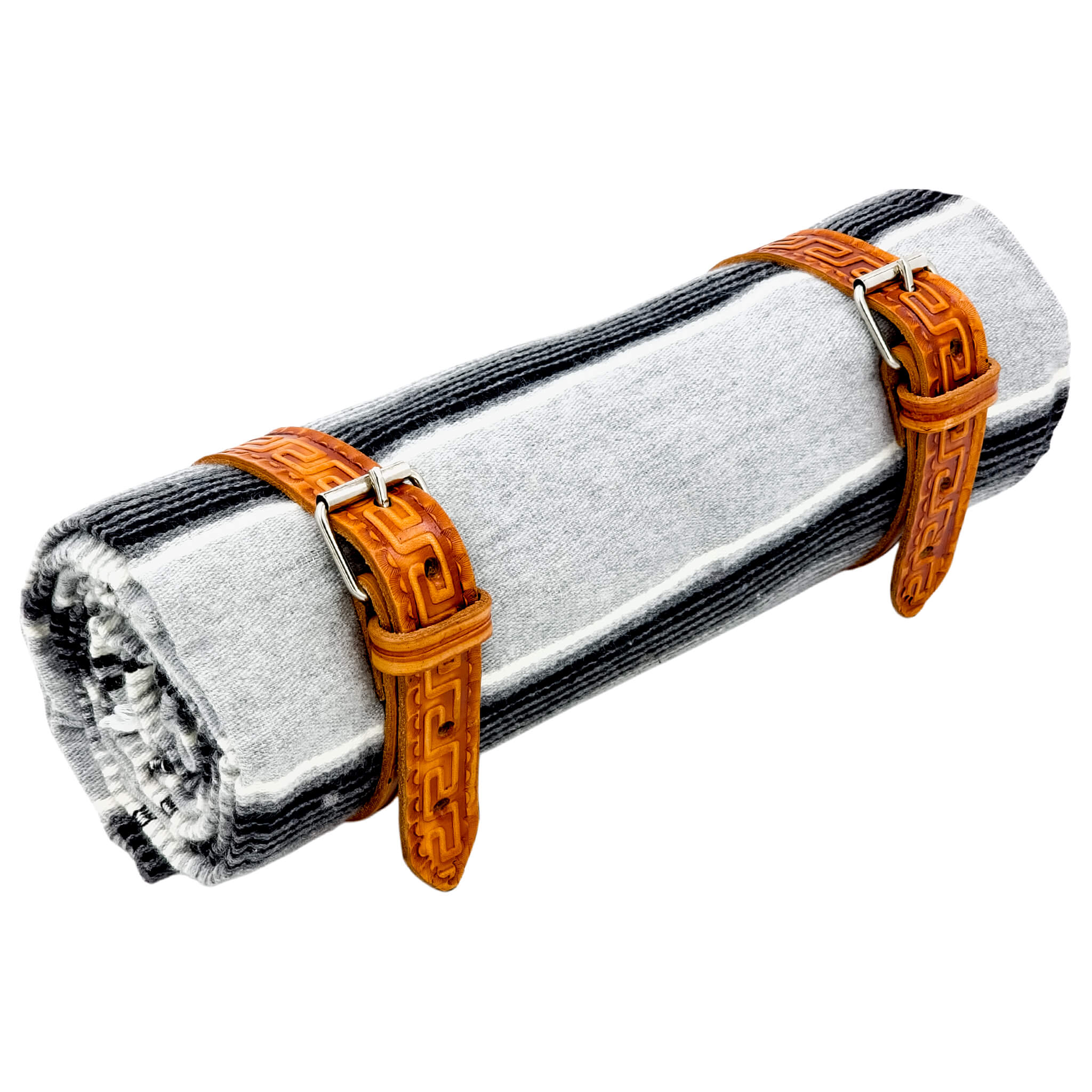 El Rey Serape Blanket Roll - "LA COUNTY" White/Gray | Aztec Pattern (Tan) | CMC Motorsports