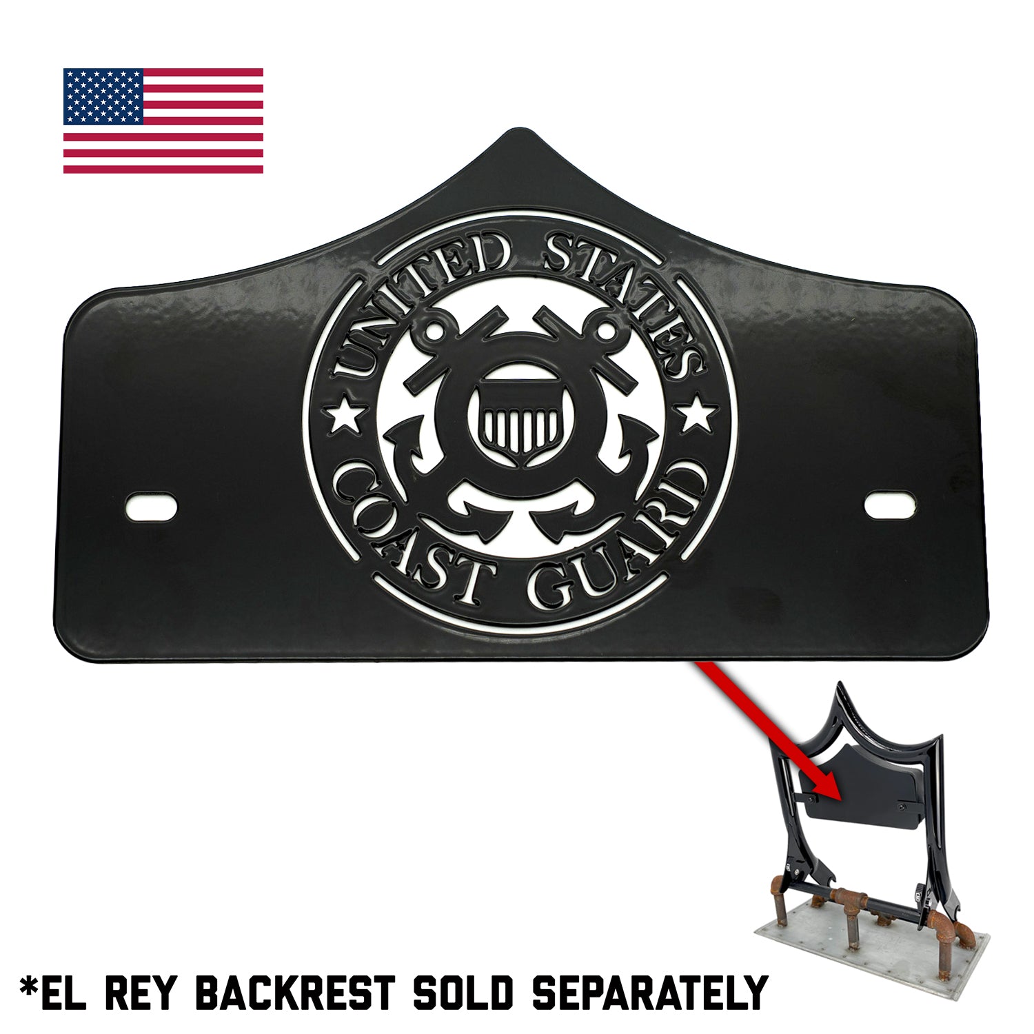 LARGE BACKPLATE for El Rey Backrest™ - COAST GUARD (Chrome or Black) | Gloss Black | CMC Motorsports