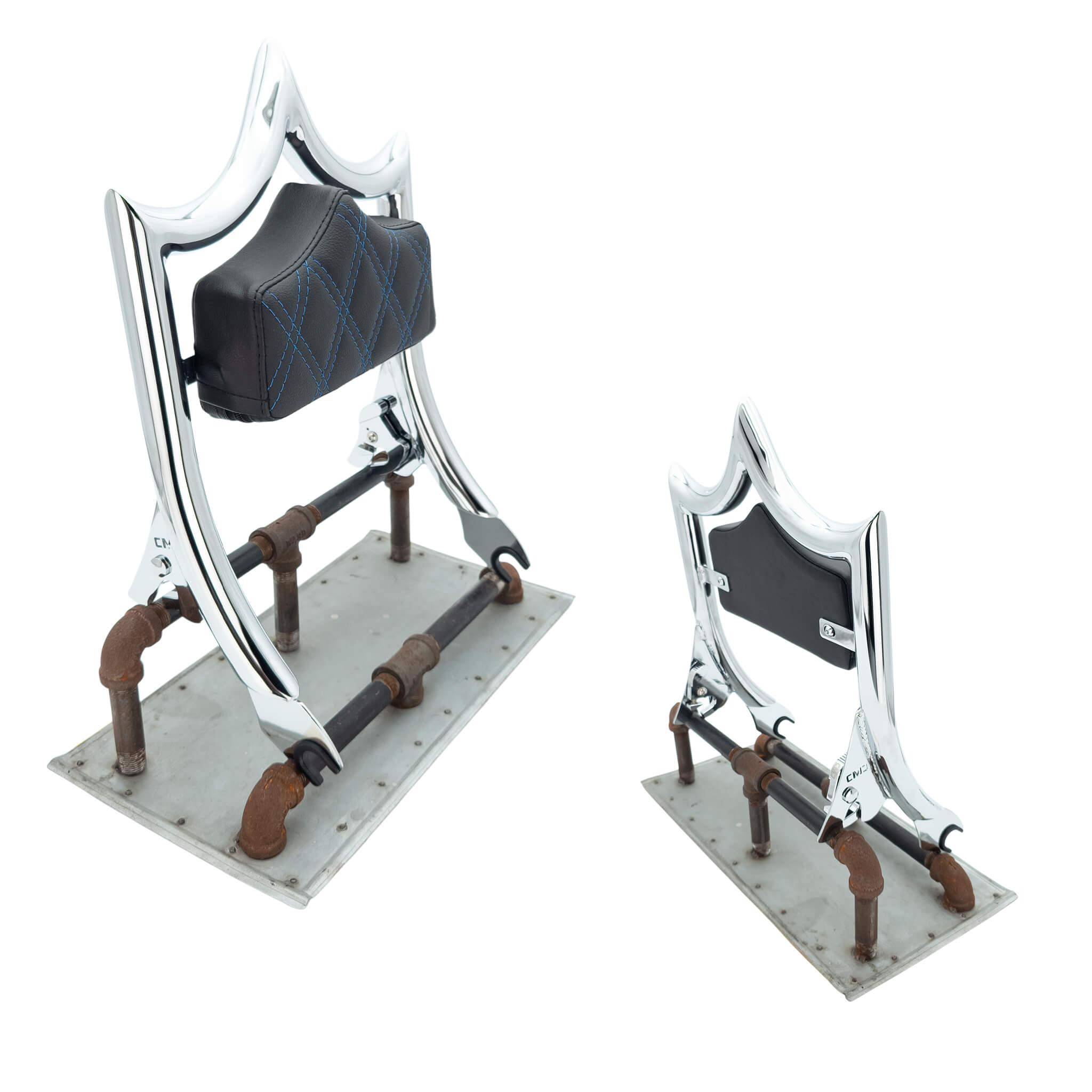 El Rey Backrest | 2009-2025 Touring "SHORTY" | Show Chrome Blue Double Diamond | CMC Motorsports