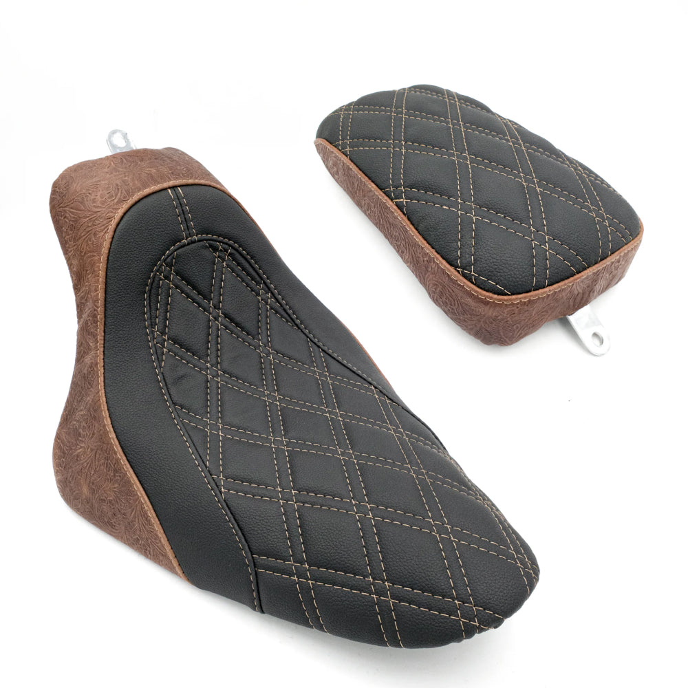Solo and Passenger Seat | SOFTAIL SEAT 2000-2017 | Revolver Engraved Brown Double Diamond 21 BUSINESS DAY PRODUCTION LEAD TIME | CMC Motorsports