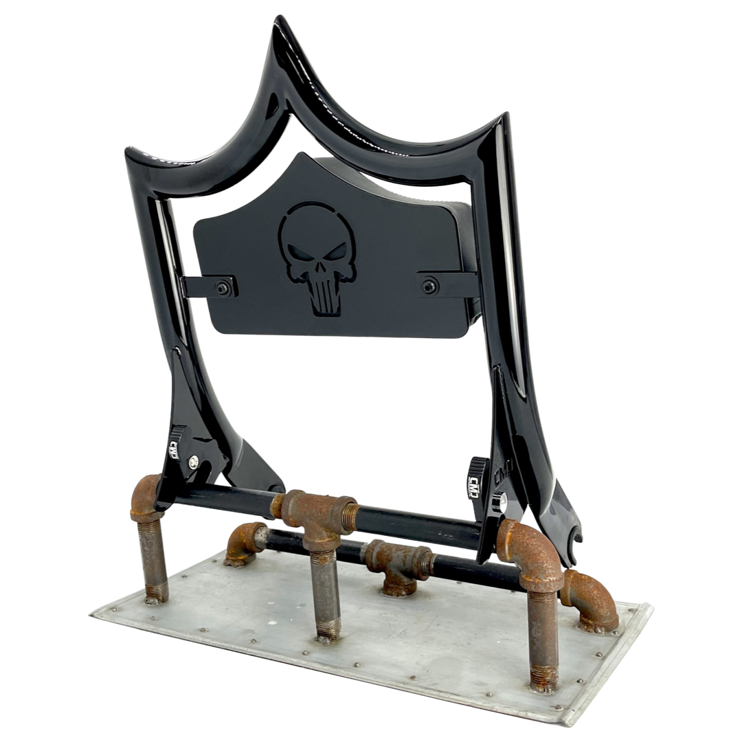 LARGE BACKPLATE for El Rey Backrest™ - SKULL (Chrome or Black) | Gloss Black | CMC Motorsports