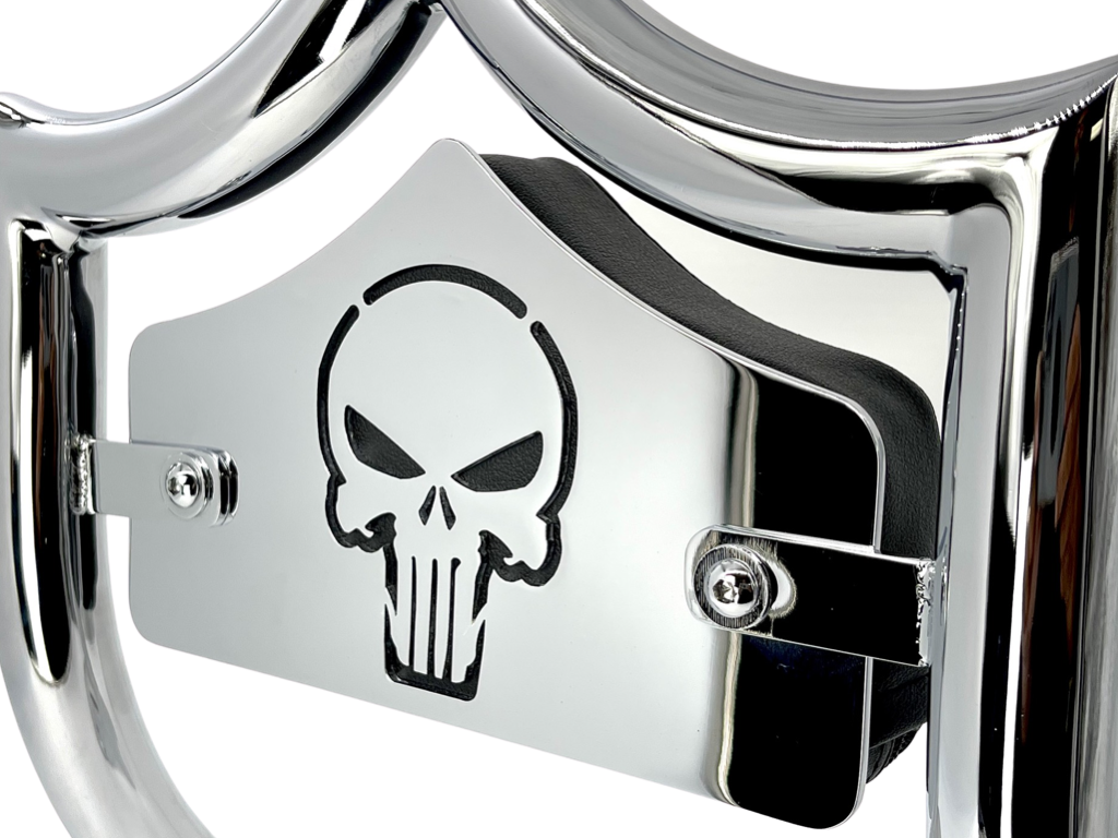 SMALL BACKPLATE for El Rey Backrest™ - SKULL (Chrome or Black) | | CMC Motorsports