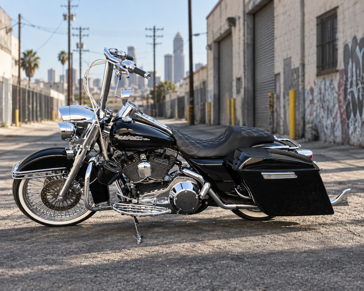 Chrome Harley in a Gritty LA Alley