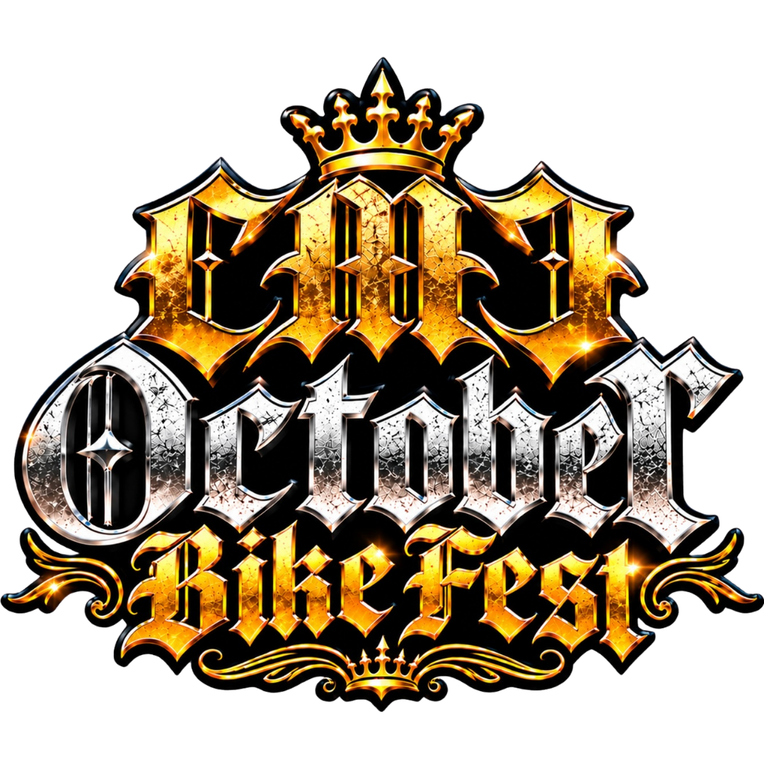 A stylized graphic logo reading 'CMC October Bike Fest' with ornate gothic lettering, a crown at the top, and metallic gold, silver, black, and white effects on a black background.