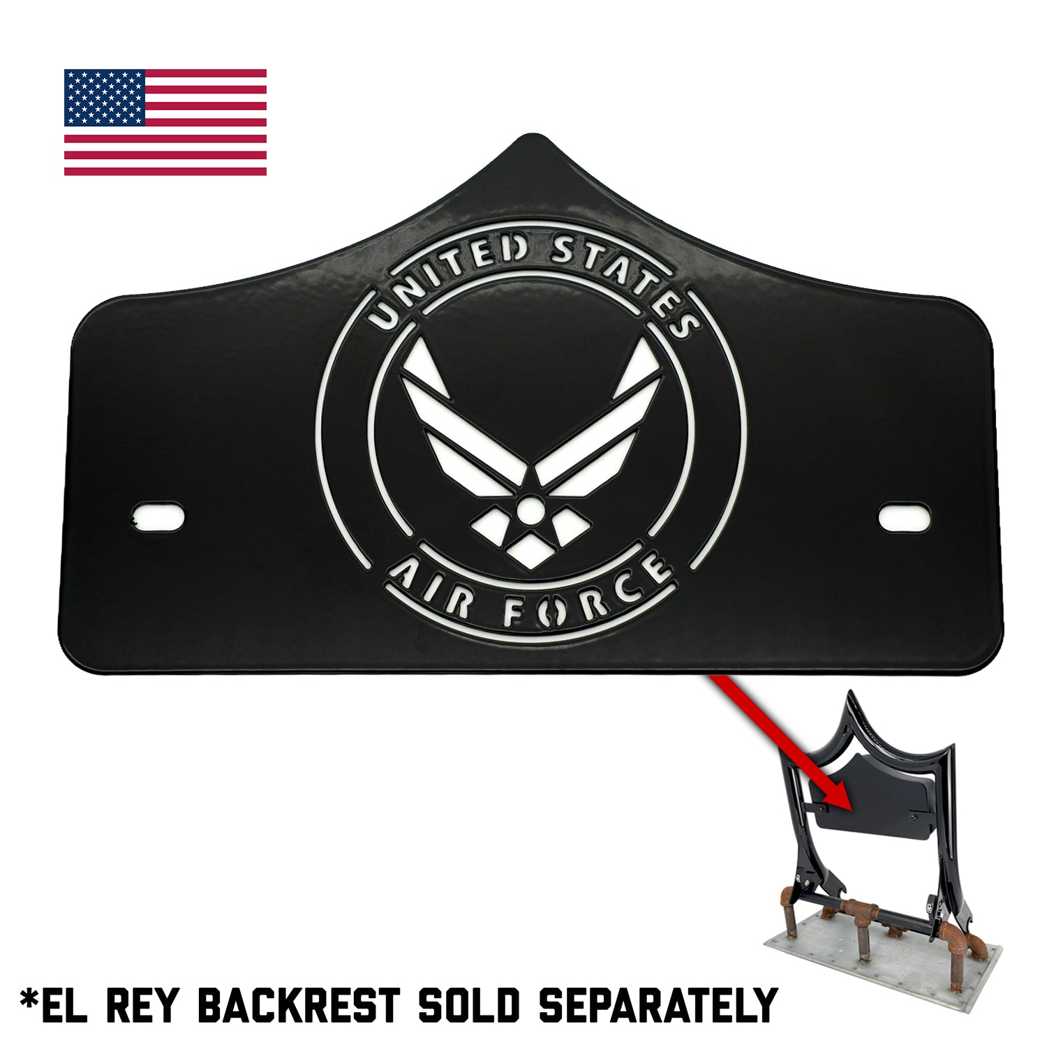 LARGE BACKPLATE for El Rey Backrest™ - AIR FORCE (Chrome or Black) | Gloss Black | CMC Motorsports
