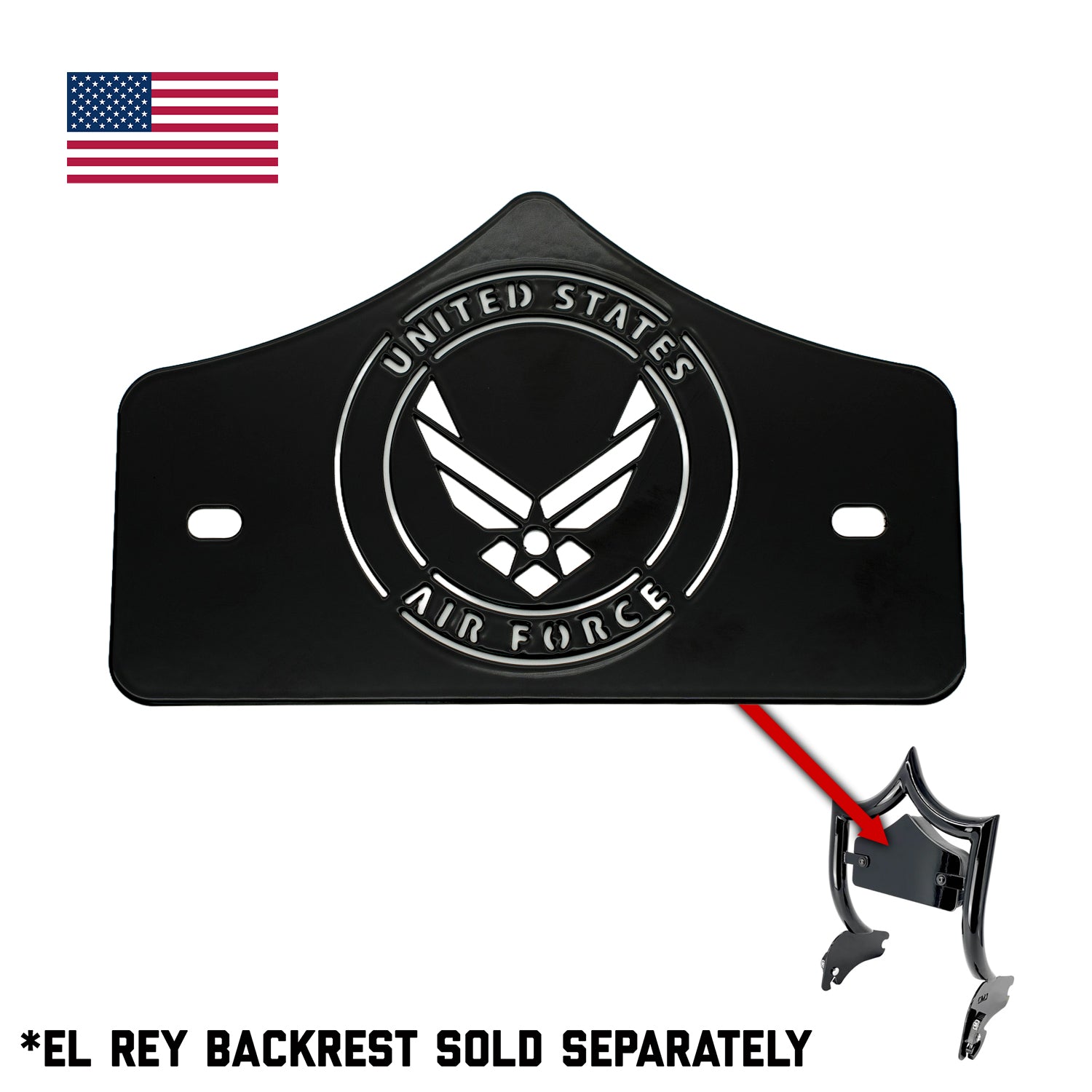 SMALL BACKPLATE for El Rey Backrest™ - AIR FORCE (Chrome or Black) | Gloss Black | CMC Motorsports
