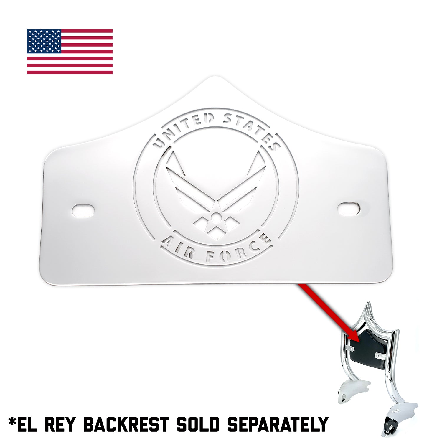 SMALL BACKPLATE for El Rey Backrest™ - AIR FORCE (Chrome or Black) | Show Chrome | CMC Motorsports