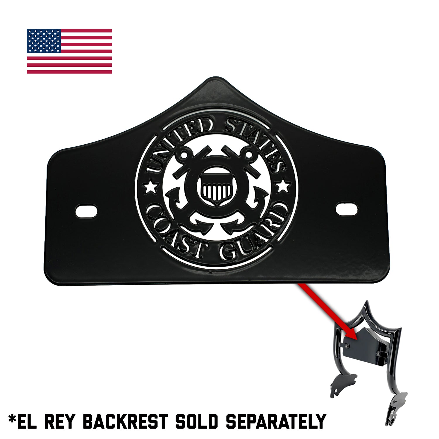 SMALL BACKPLATE for El Rey Backrest™ - COAST GUARD (Chrome or Black) | Gloss Black | CMC Motorsports