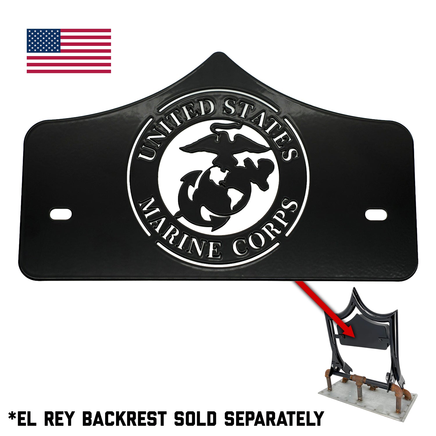 LARGE BACKPLATE for El Rey Backrest™ - MARINES (Chrome or Black) | Gloss Black | CMC Motorsports