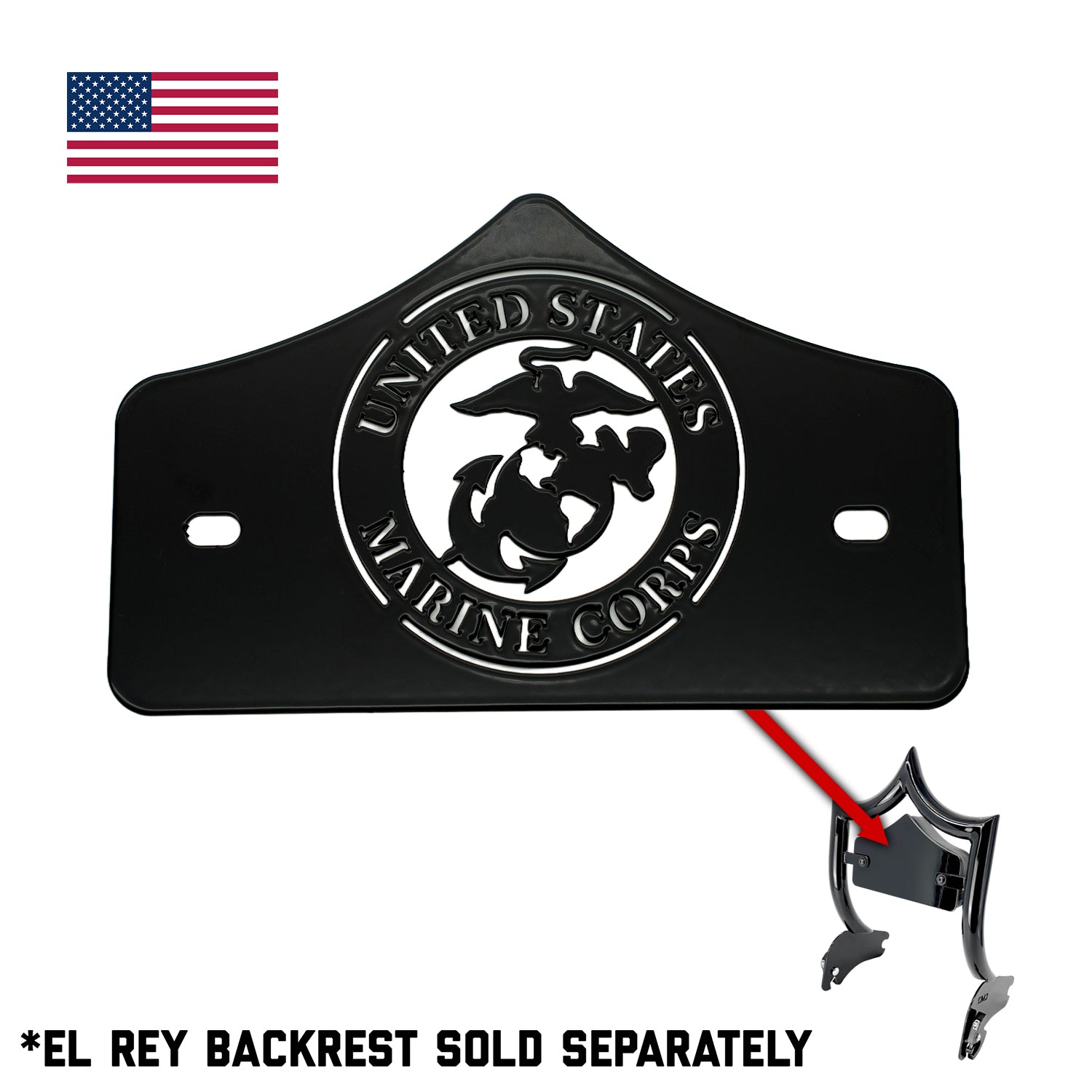 SMALL BACKPLATE for El Rey Backrest™ - MARINES (Chrome or Black) | Gloss Black | CMC Motorsports